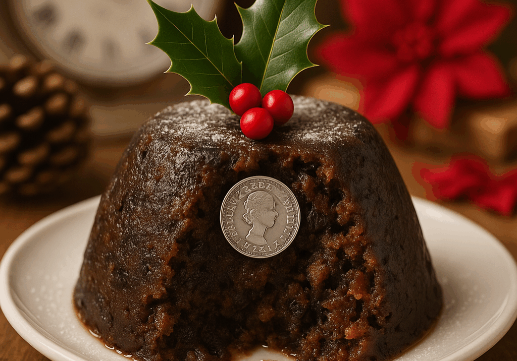 Christmas pudding decorated with holly and a silver sixpence coin, inspired by Victorian tradition